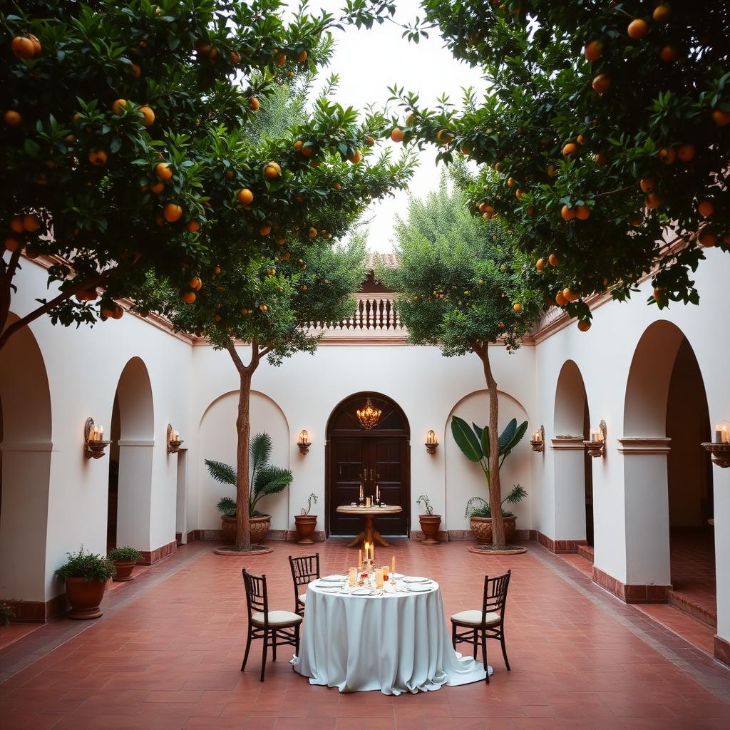 Andalusian courtyard with orange trees — the imagery couples picture.