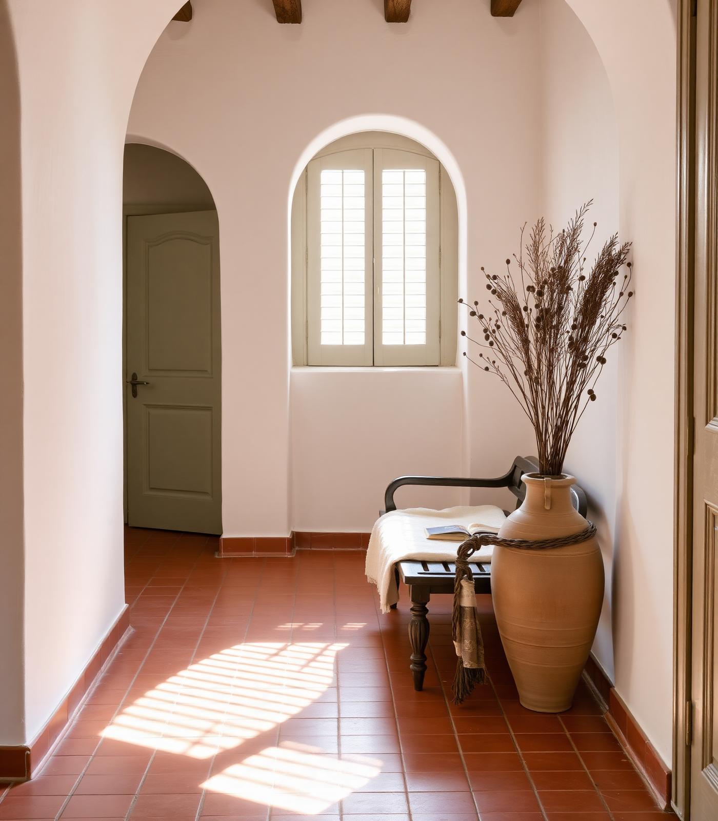 Whitewashed Mediterranean villa interior with terracotta floor