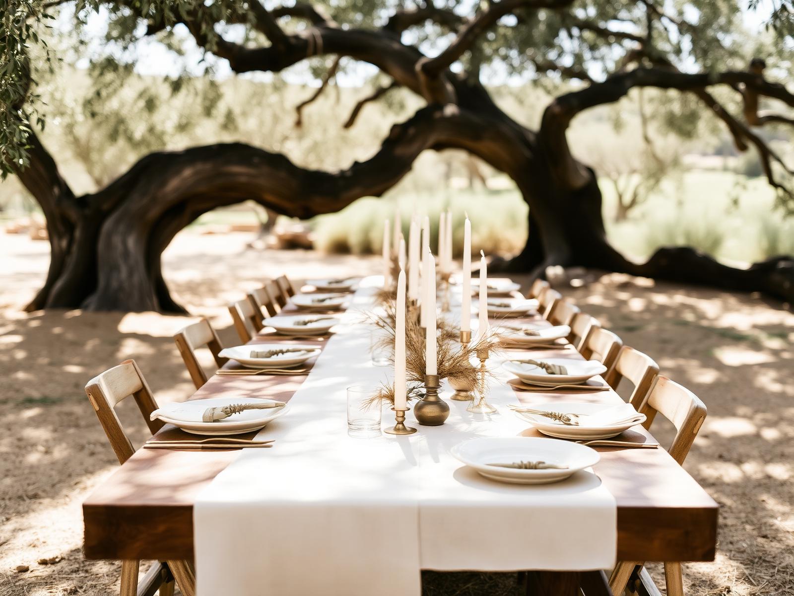 Long wedding table under an olive tree in the Spanish countryside